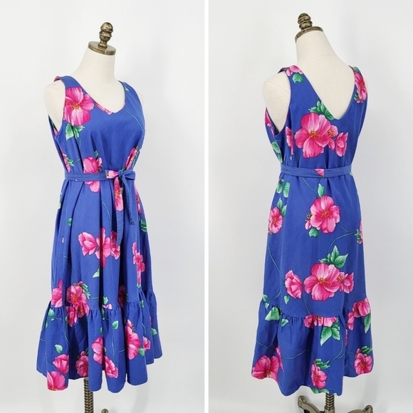 Vintage Hilo Hattie Hawaiian Tropical Floral Midi Dress Sleeveless Ruffle Large - Picture 1 of 7